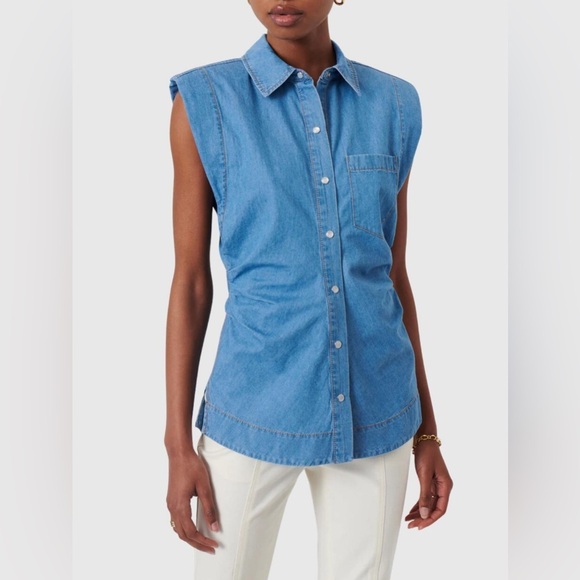 Derek Lam 10 Crosby Ivy Sleeveless Ruched Button Down Shirt Light Wash Denim 0 - Picture 4 of 10